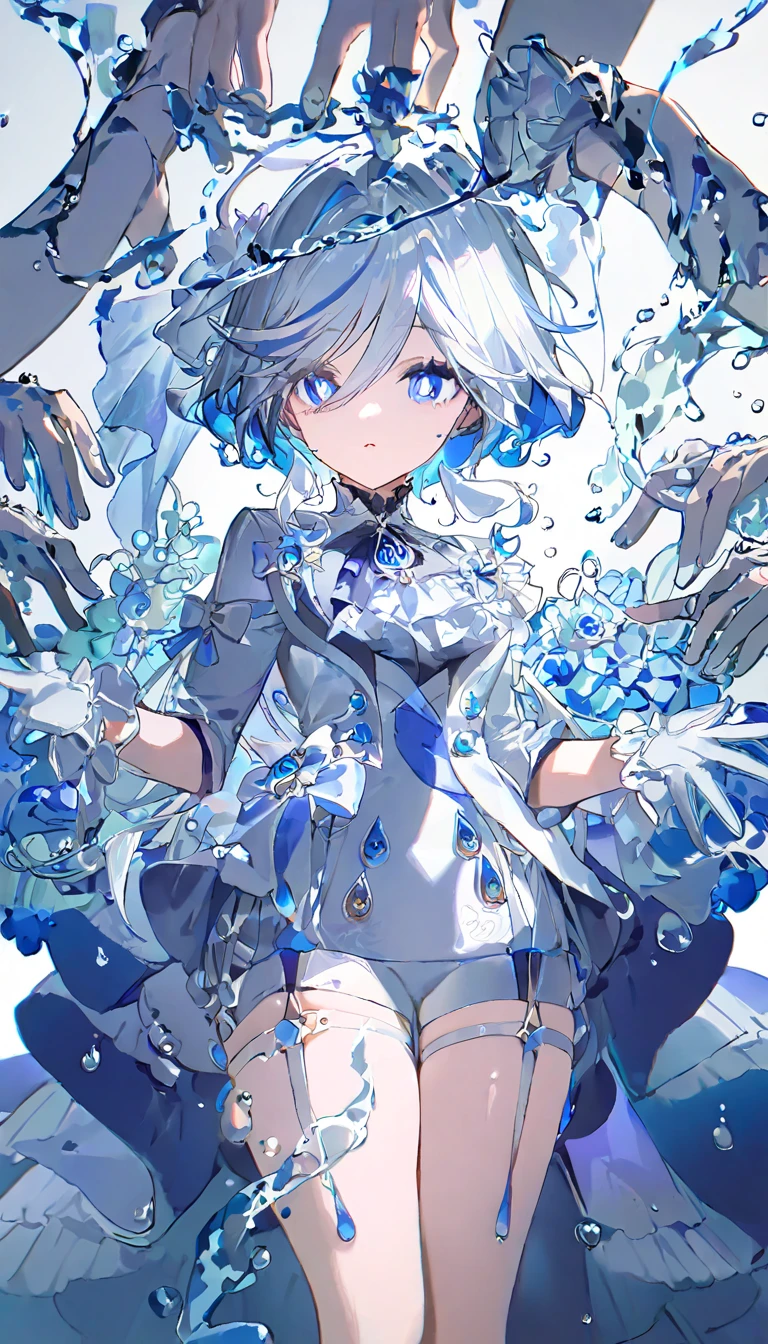 shoun，with short white hair，short detailed hair，red pupils，Short blue skirt，Handsome，Sharp eyes，Cold，Thin，Blue and white style，quadratic element，light blues，white short sleeve，Light shades，Poor milk