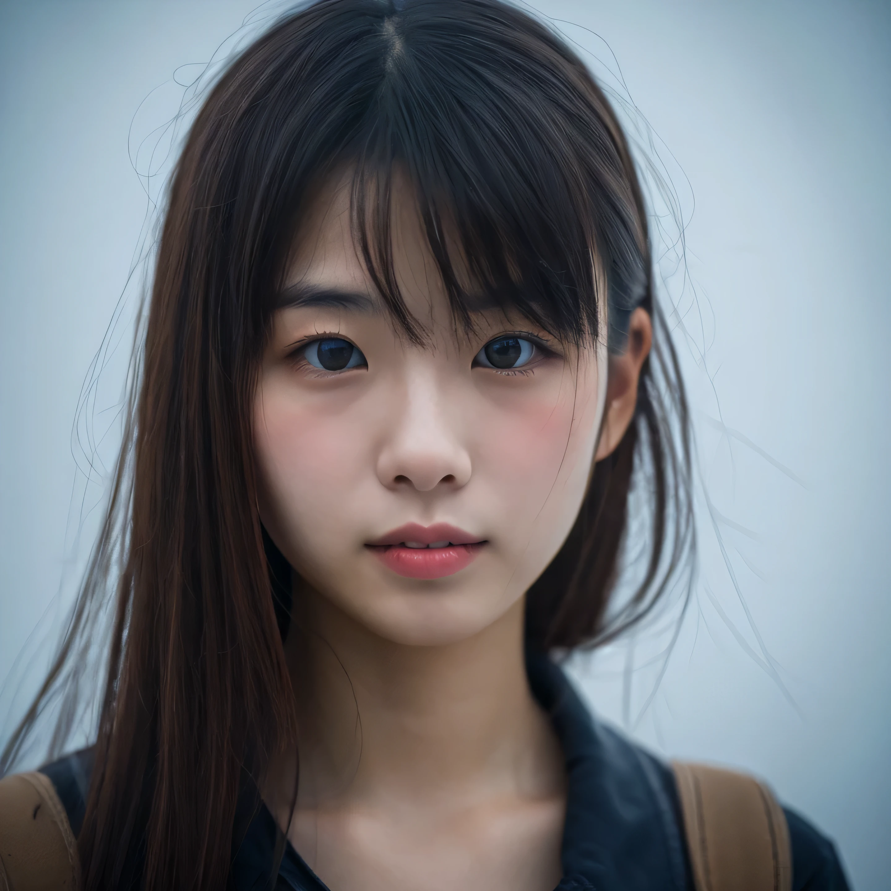 Black-haired girl with a man behind her, and the atmosphere is sinister