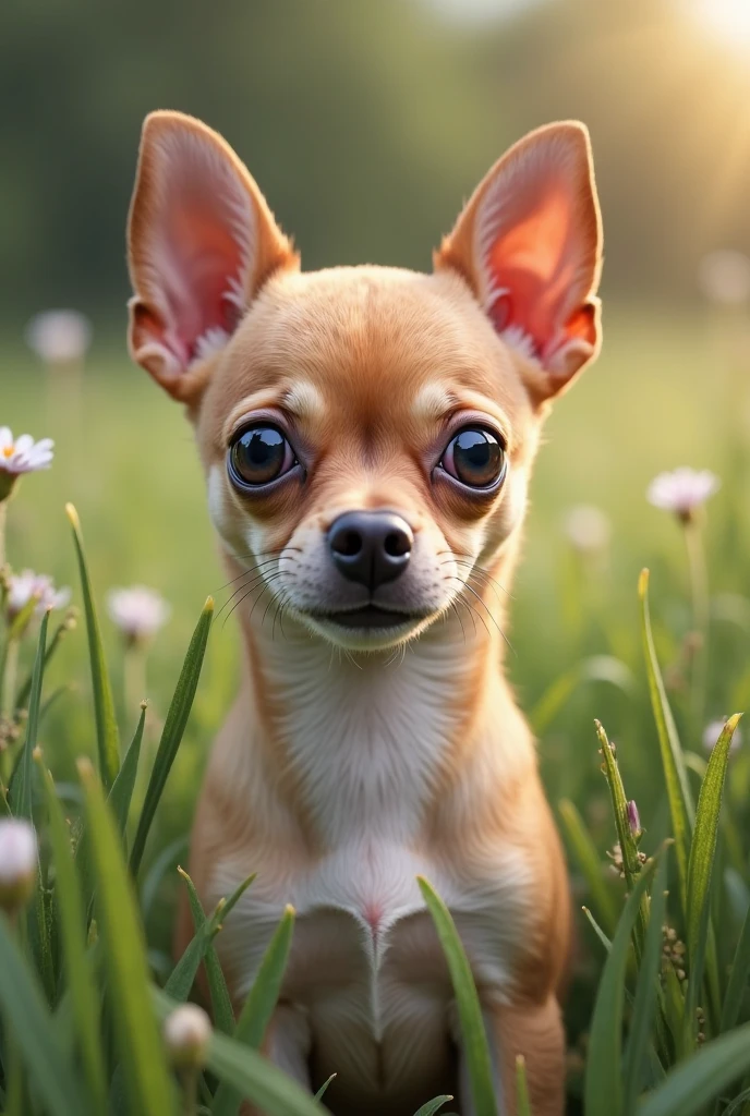 Light brown apple-headed Chihuahua with a collar that says Jr