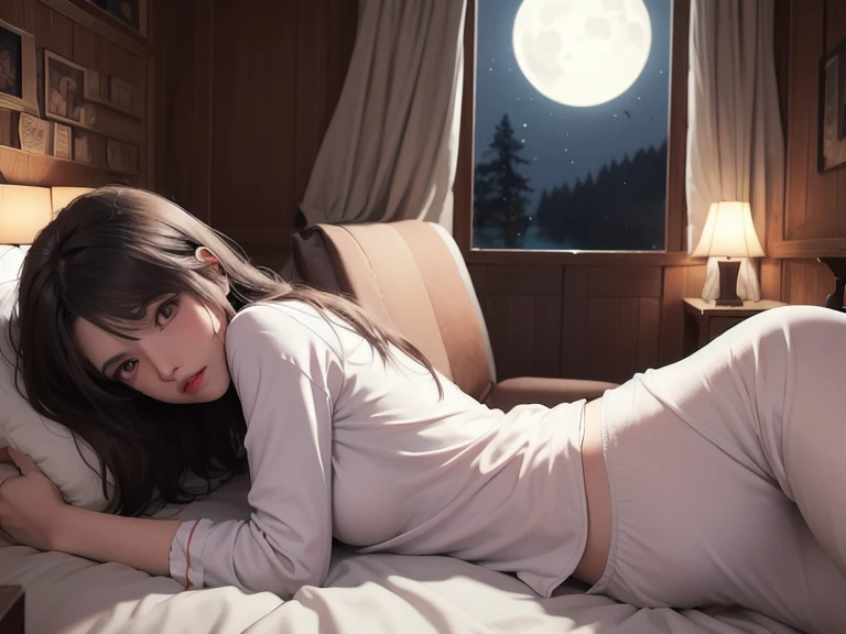 Anime, masterpiece, best quality, extremely detailed, hyperrealistic, photorealistic, Anime young girl 18 years, lying, white blouse, black skirt, perfect very beautiful body, long brown hairs, big perky breasts, realistic skin, ultra detailed face:1.1, modern city, night, megapolis, seductive smile