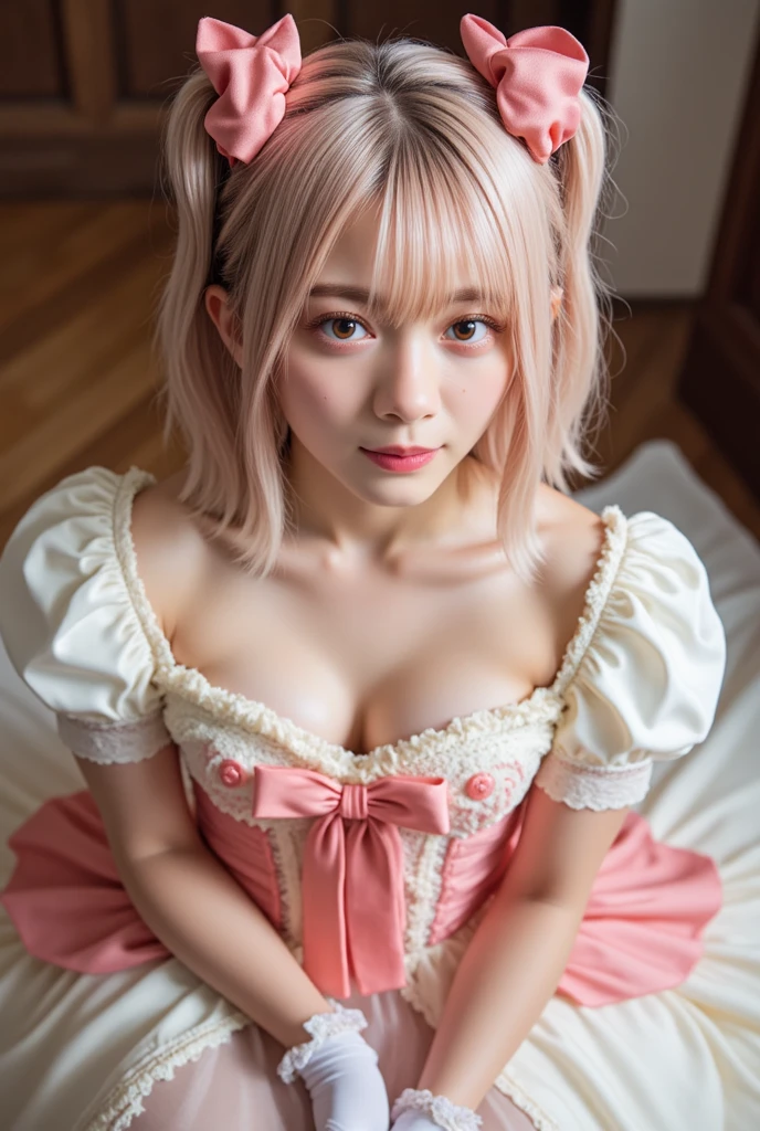 (best quality,ultra-detailed,illustration,pink bow,detailed beautiful eyes,close-up shot of breasts,girl,white hair,white pajamas,squatting on the ground,rummaging through a basket)