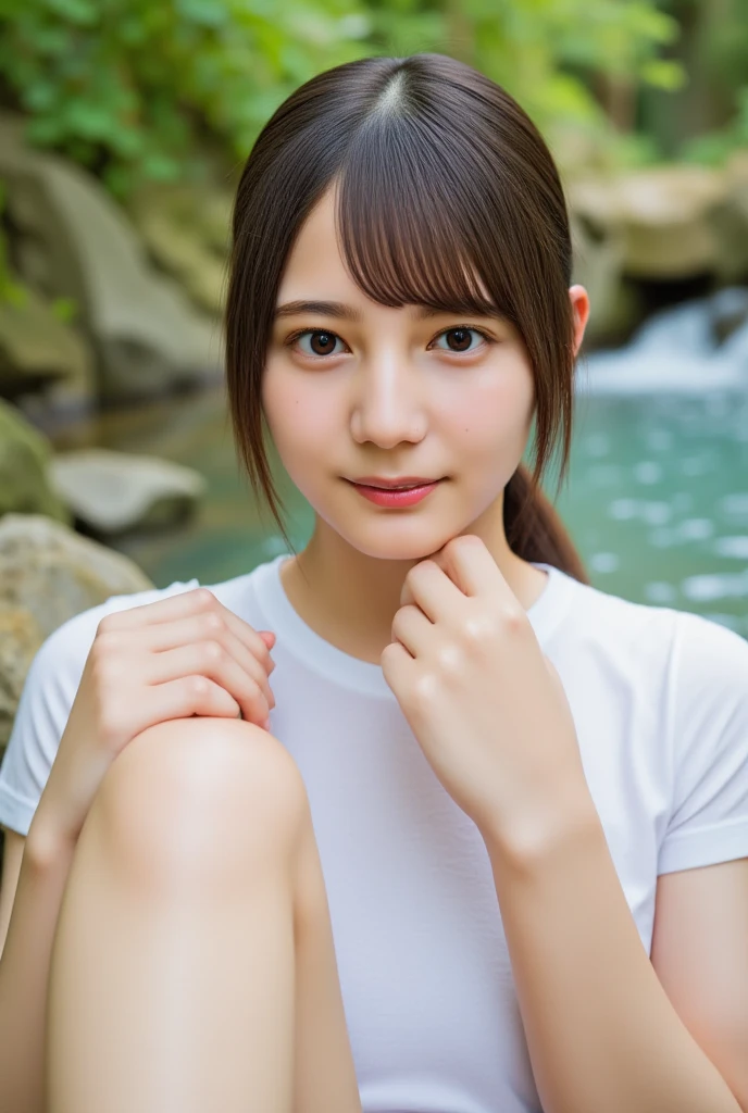 1girl, very wide shot, breathtaking creek with tree surrounding it, detailed face, (evoke a romantic vibes:1.2), smile, long black hair, dappled sunlight, bamboo trees, rocky riverside, mossy, water reflection, sharp focus, (realistic:1.3), masterpiece, ray tracing, ultra realistic, ultra hd, stylish, (blue flowers here and there, blue flower petals on water:1.2), cinematic photography lighting, bush, (12yo, cute:1.3), (breasts:1.2),