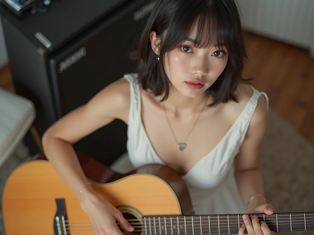Photo of a Japanese woman wearing white clothes (sheer tank top:1.4) , big breasts, (side boob), cute, Shyness, 14 years old, (((thin sexy clothes:1.4))), black hair, (straight short hair), looking at the viewer, realism, video effects, Volume measurement Lighting, Volume measurement Light, Volume measurement, Natural light, advanced details, detailed and complex, intricate details, high intricate details, Huge amount of detailed information, confused, High resolution, medium shot, single shot, shallow focus, lips, medium breasts, detailed shadow, (Playing Acoustic Guitar:1.4), Inside the log cabin, (Blue sky outside the window), (biologically correct), cowboy shot,