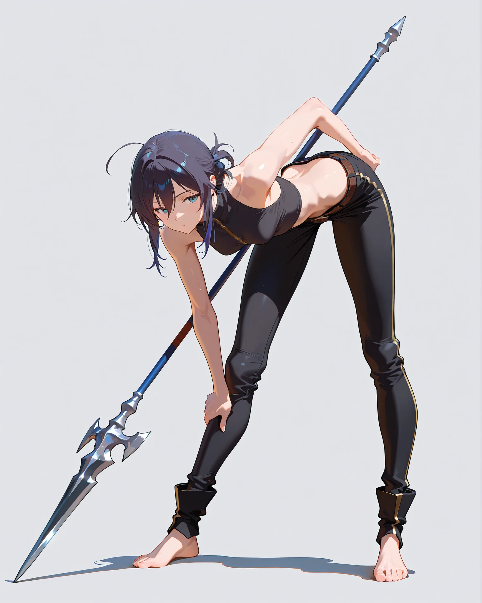 (Masterpiece, best quality, intricate details, 1sologirl, plain background:1.2) iron collar, arms behind back, iron cuffs, shackles, bound ((standing by wooden pole:1.2)) ((phSaber)) blindfolded barefeet chain ,tétons,bikini 