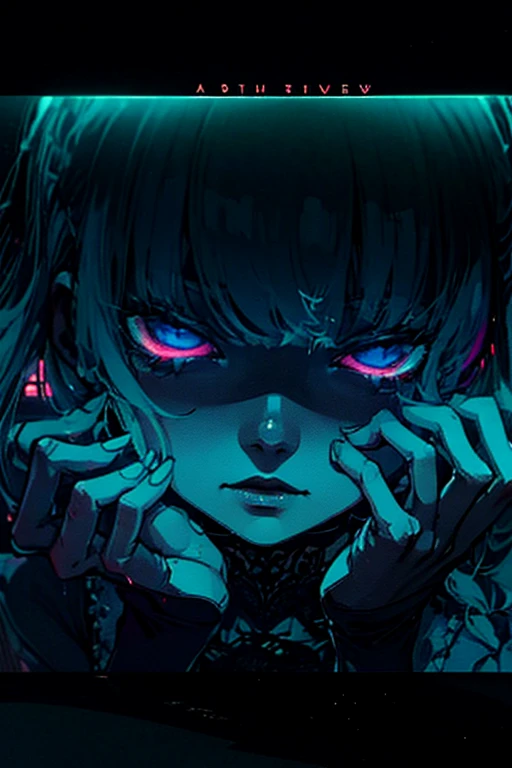 (1girl, long hair, collar, purple eyes, glowing, glowing eyes, extra eyes, horror \(theme\), sobbing) (digital) ( in detailed classroom, (criss-cross halter)) , best quality, <lora:boldline:0.2>  <lora:hairdetailer:0.2>  insanevoid <lora:insanevoid2:0.8>