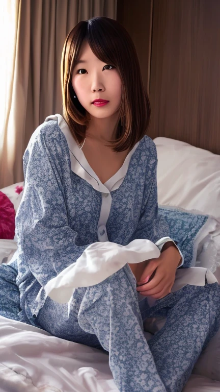 (Best Quality,4k,8k,High resolution,masterpiece:1.2),ultra detailed,(realist,photorealist,photo-realist:1.37),A girl in pajamas, beautiful blue eyes, no panties,soft flannel material,Detailed facial expressions,long wavy hair,satin fabric,Comfortable fit,playful smile,Light blush on the cheeks,female silhouette,Cozy atmosphere,Soft lighting,vivid colors,dream background,relaxed posture,floor length pajama pants,loose top,lace trim,delicate patterns,pastel colours,subtle floral design,peaceful atmosphere