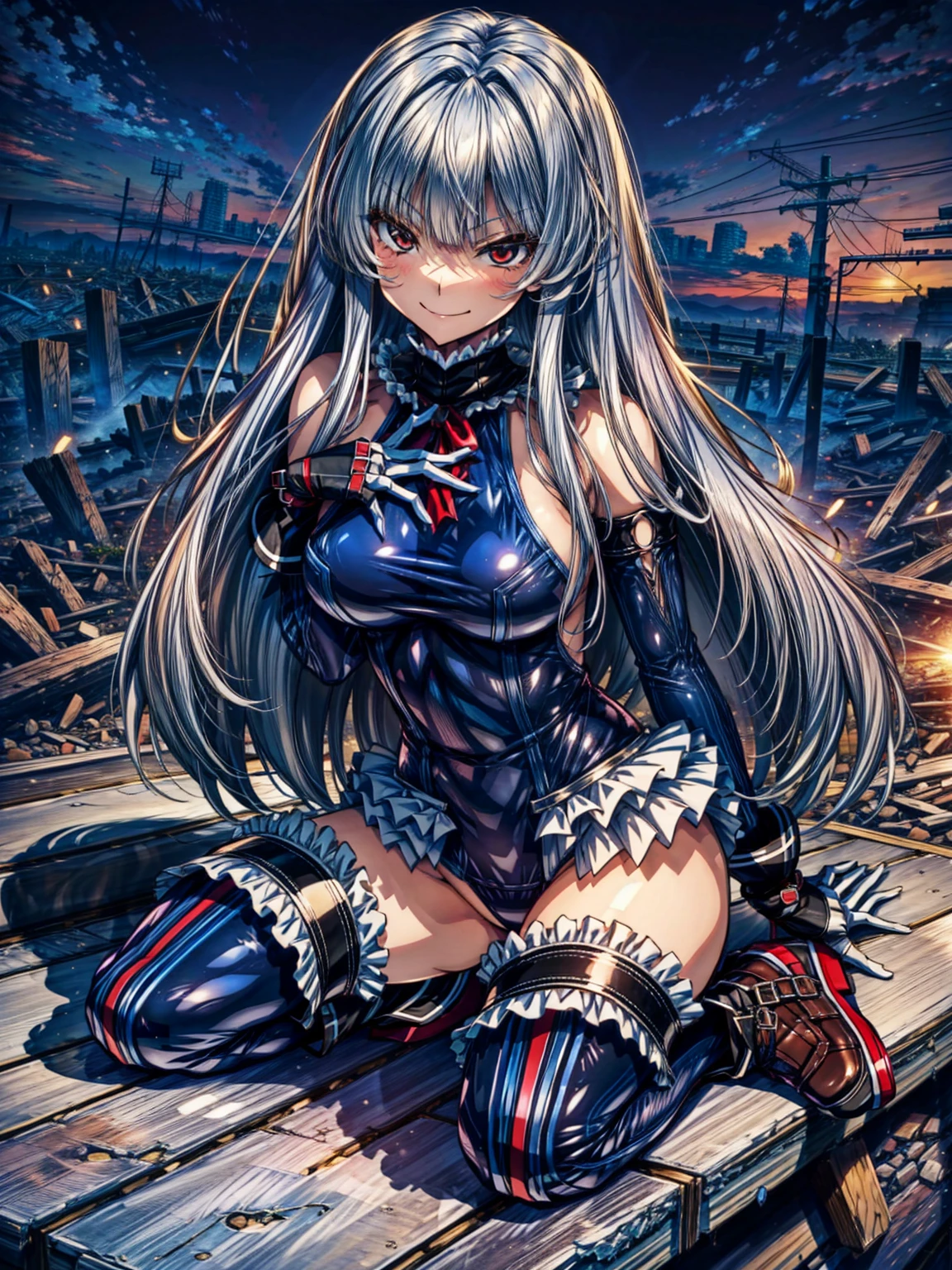 perfect anatomy, highest quality, rose,evil smile,masturbate
,(Girls greet dawn on top of a pile of rubble:1.1),evil smile,anime style,(ruffle swimsuit, Thighhighs, removed sleeve), (anime style:1.4) ,
silver hair,(White fingers:1.1,black gloves),very long hair,evil aura,Rape Eye