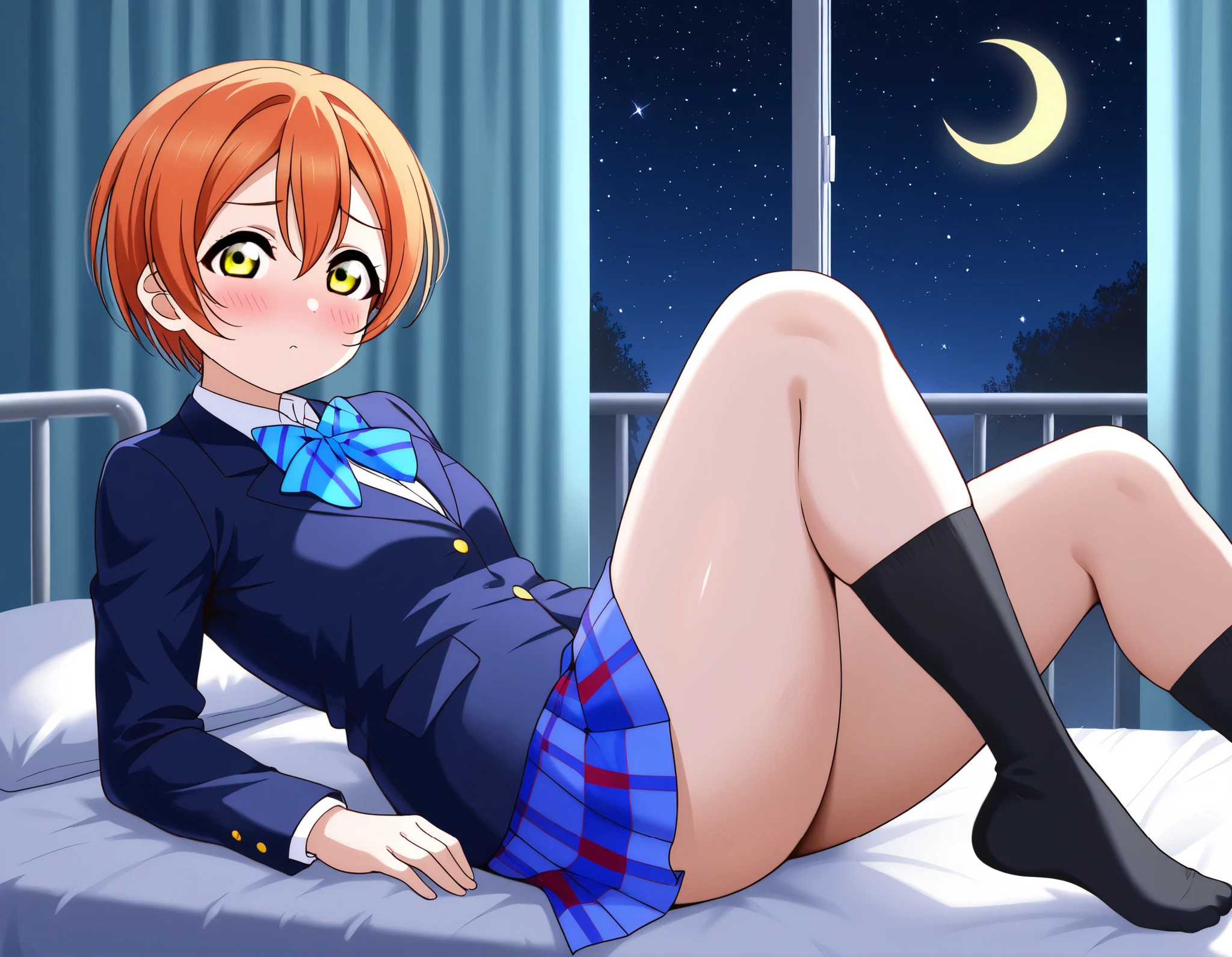 1girl, hoshizora rin, striped, short hair, blush, otonokizaka school uniform, lovelive_rin black blazer, blue plaid skirt, blue stripe bowtie, orange hair, very short hair, hair between eyes, yellow green eyes,thick thighs,knee up,crescent moon, stars (sky),looking at viewer,Infirmary,bed,lie down on a futon,dark room,