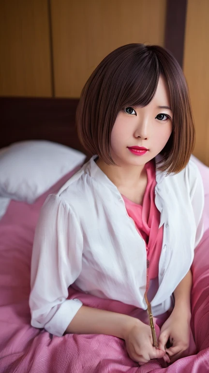 ((Japanese Idols))　((Plump and glossy lips))　Big Breasts　((Short brown hair with bangs))　((Looking into the camera))　Sit with your legs apart　((White button shirt and black enamel tight skirt))　　Low angle shot of a person standing facing forward　Looking down　((A bedroom with shoji screens and tatami tatami lit up with pink neon lights))　