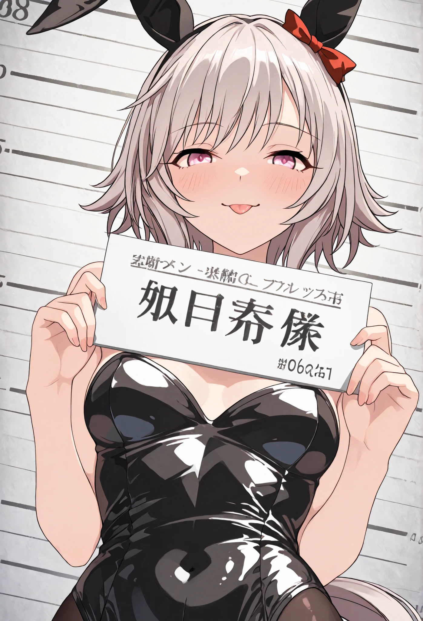 {{{1woman:1.3}}}, ,{{{Curren Chan:1.4,gray hair,Uma Musume:1.4,Horse Ears:1.4,red ribbon from below,Horse Tail,}}},{{{medium breasts }}}{{{masterpiece}}},{{{top quality}}}, {{Super Detailed}}, {{very delicate and beautiful}}}, {{{8k}}},{{{flat color:0.6}}},{{{type-moon:1.5},{{{face focus:1.4}},{{{sexy pose}},,{{{simple back ground}}},{{{sexy pose,dynamic pose}}}{{{smile}}} }{{{batch:1.5}}}{{{face focus}}},{{{flat color:0.6}}}\(umamusume\),playboy bunny(bunny girl)
rabbit ears, black rabbit ears, fake rabbit ears,(bunny girlの耳)
BLACK leotard,(black leotard)
pantyhose, black pantyhose,(black stockings,mugshot of a young woman standing straight against a height measurement wall, holding a white ID board with white text that reads "ID #3048 / Tokyo Police Dept. / 2025-06-09", dissatisfied expression, half-lidded eyes, slightly tilted eyebrows, clean lighting, front-facing, neutral background, realistic anime style, upper body portrait, tongue out:0.8