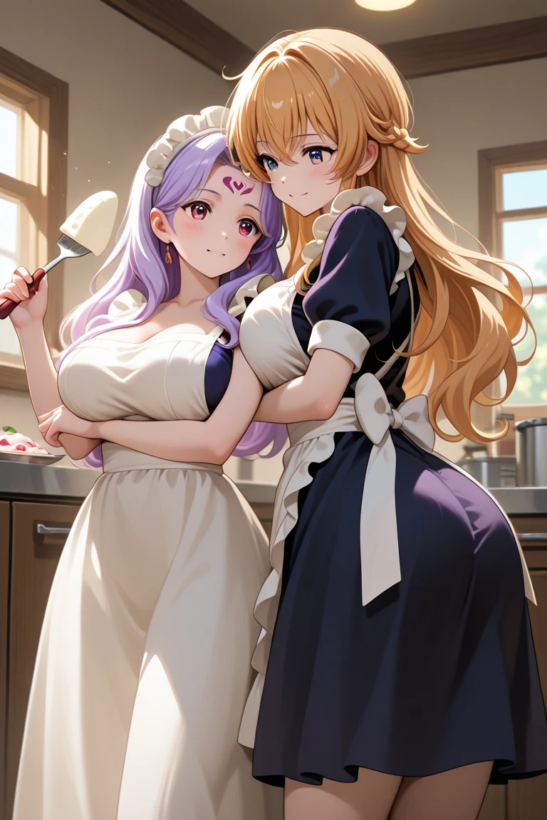 ((2 girls), solo, clevage, Big round breasts, trendy, stylish, clevage, thighs, hips, realistic, pink hair, blonde hair, light green eyes, lip gloss, detailed face, amazing big eyes, eye details, big lips, eyebrow details, blush, naughty, mischevious face, HD, good quality, kitchen, baking cookies, chocolate chip cookies, messy flour