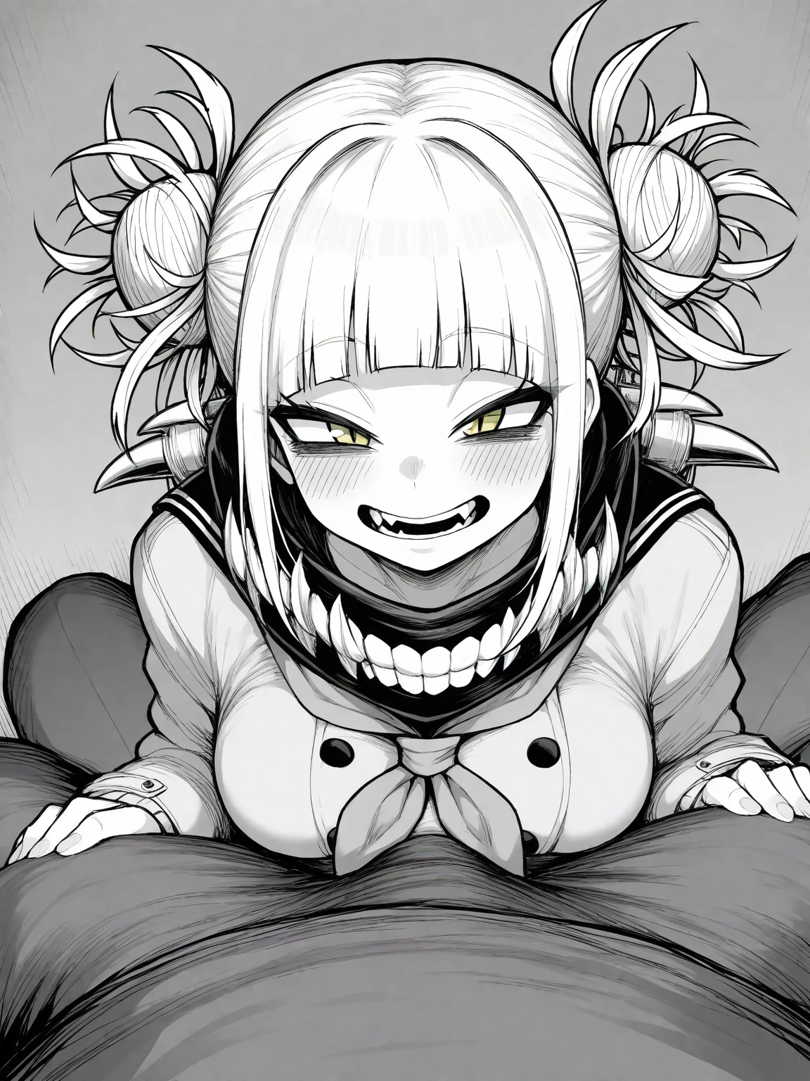 Himiko Toga from My Hero Academia as a milf, My Hero Acedemia style, giant tongue, forked tongue, open mouth, pov eating the viewer, smug, heart eyes, salivating, cleavage, huge breasts, chubby, mouth full of saliva