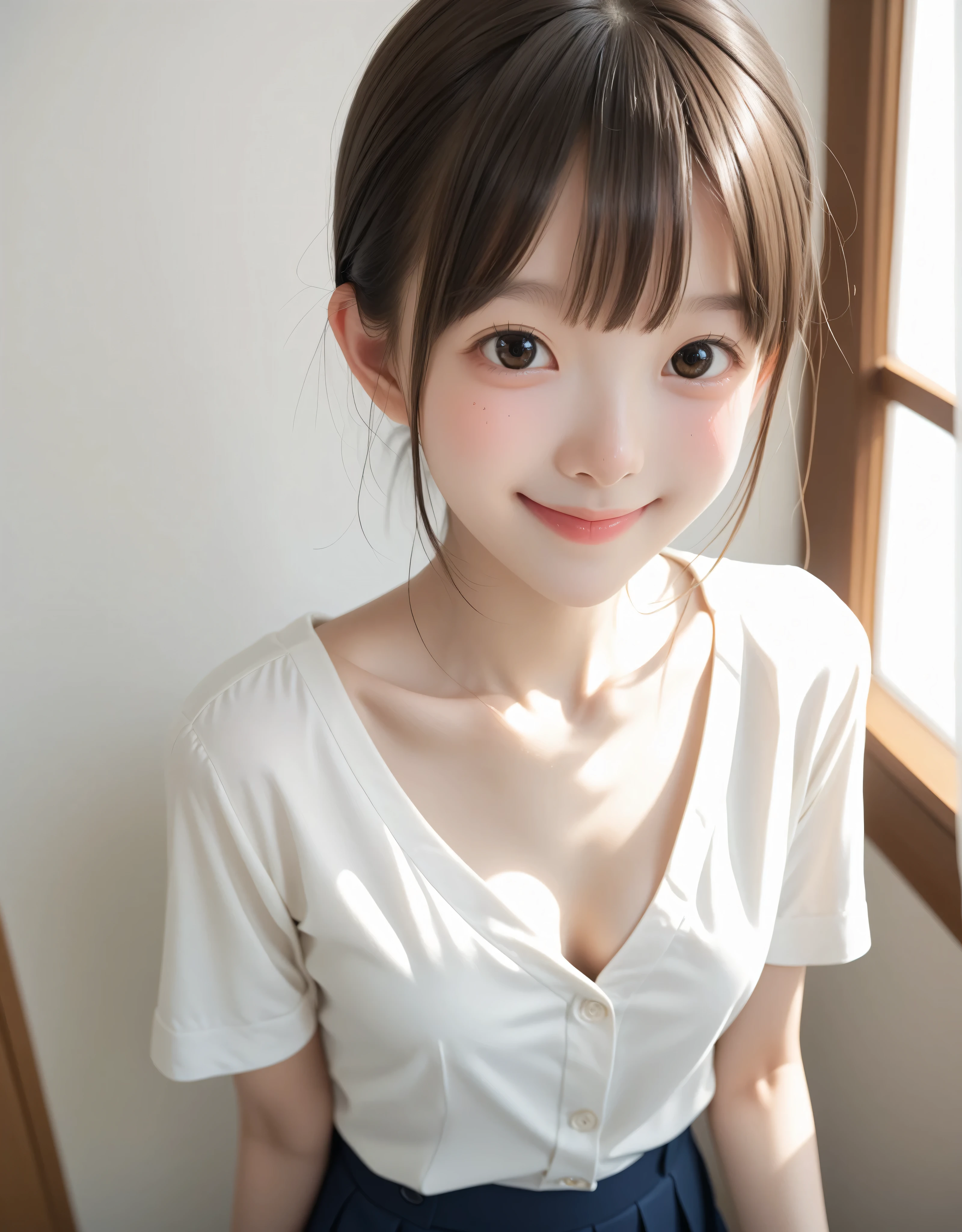 ( white skin:1.3),cute,cuteyounger,slender,short,slender,thin body,(younger:1.2),cuteyounger opening without permission,cute face,(skinny:1.5),score_7_up,score_8_up,score_9,Navy Breasted Skirt,realistic,shot from above,(Big breasts:0.2),Let's go to school,Front of school , Small butt,( body:0.7),sunlight,Japanese, No buttons ,white short sleeve blouse,short髪,(Smile Yang:1.2), thin shoulders,Thin Arms,Beautiful Japanese junior high school student with shoulder,Focus on Chest
