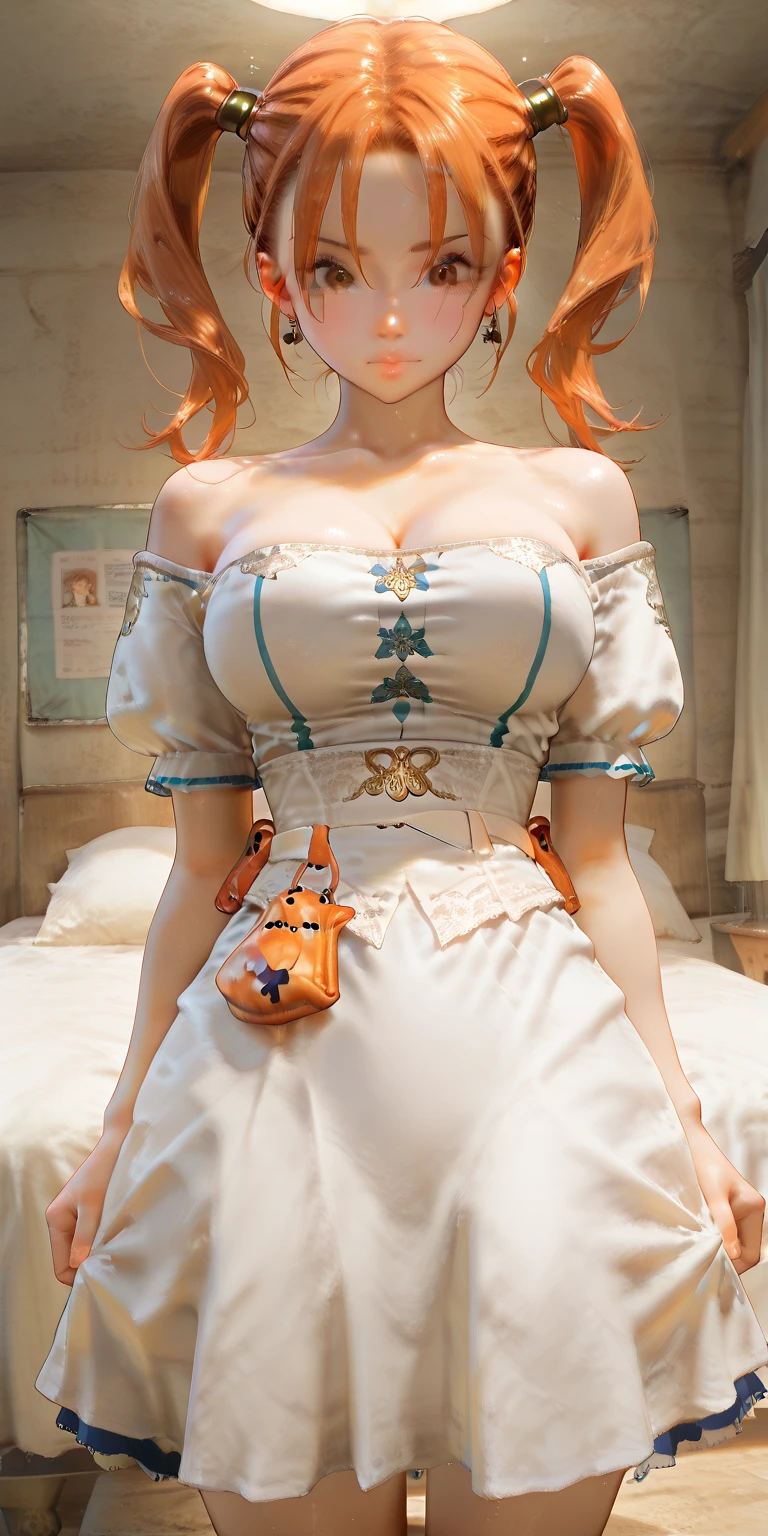 restaurant, Waitress, standing, Tray in hand:1.2), (tight fit clothes:1.2), (??????????? vest:1.4), (Wear a white vest over a naked body:1.1), (Delicate orange-orange lingerie miniskirt1.4), (Wear a short skirt with big orange breasts over pantyhose),(Owl print on vest), (Hang the neckline:1.2), bare shoulders, Plump big breasts,