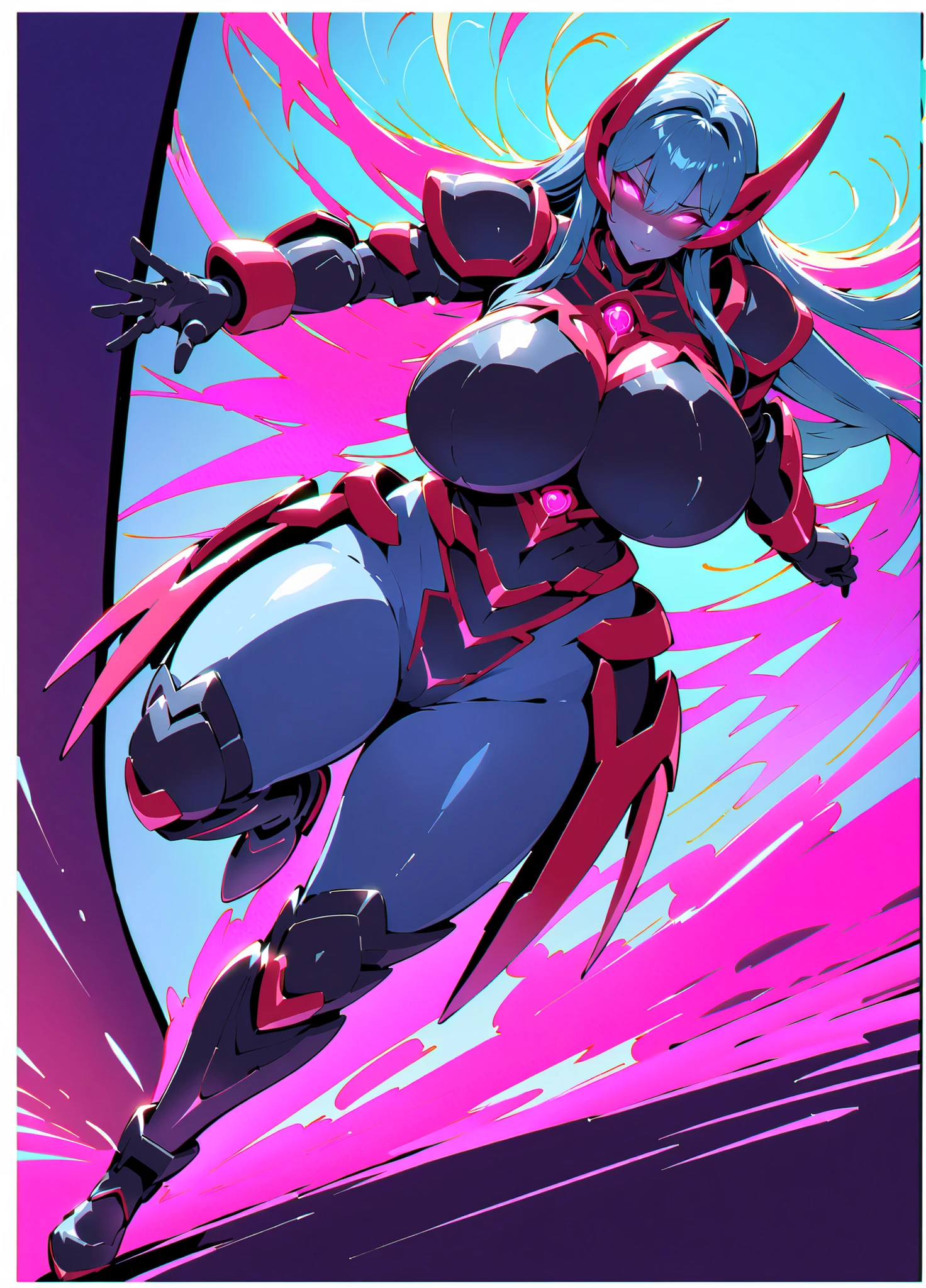Anime style, anime screencap, large breasts, breasts, wide hips, thick thighs, hourglass figure, white hair, long hair, red eyes, bodysuit, black bodysuit, blue neon trim, neon trim, pantyhose, shoulder armor, futuristic, science-fiction, machinery, tech