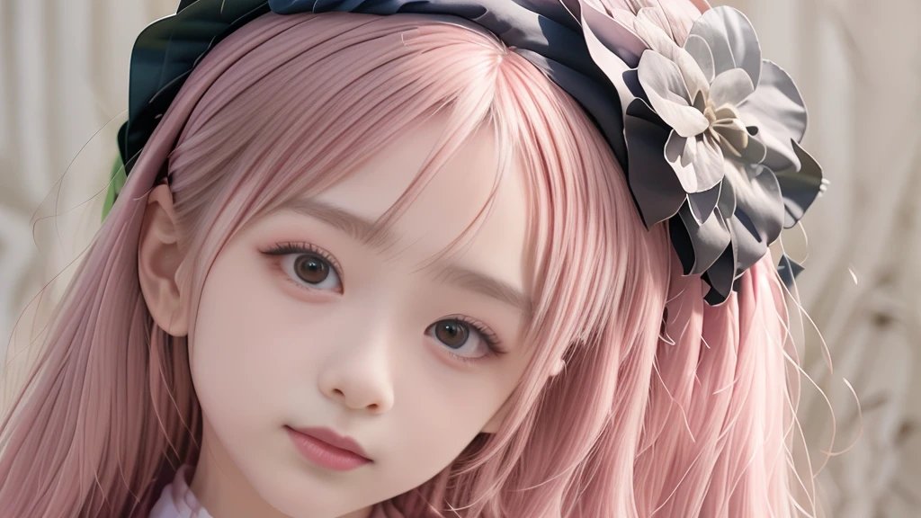 1 girl, alone, barefoot, flower, long hair, null, dress, flower petals, outdoor, holding, holding flower, cloud, pink hair, Wind, field、Small breasts、close up of face、16K、She is the flower spirit、flower decoration、Clothes that show your collarbones、Braid、twin tails、flower headband、ponytail、