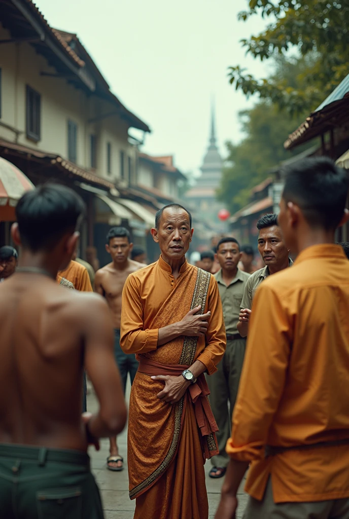 A group of villagers mocked bully to a young monk and a monk look so sad in Cambodia 1900