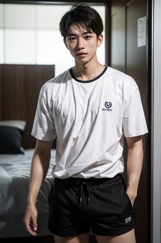 The 28-year-old refreshing and handsome korean man in studio, in studio, jeans, sneakers, smile,(real photos)(Natural light on face)、korean 28-year-old man, white t-shirt, muscular、(top quality)、Super detailed、(masterpiece)、 Ultra high quality、(masterpiece)、Ultra high quality、very beautiful hair、bright photos、As handsome as a model、As handsome as an ido