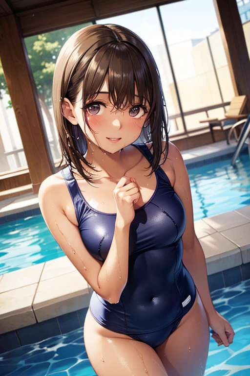 (((A woman playing in midsummer in Japan))), ((school swimsuit)),, ((Shiny Costumes)), skindentation, skinny, solo, 1 woman, Masterpiece, highest quality, highest quality, 16K, incredibly absurd, highly detailed, 2.5D, ai-generated, delicate and dynamic, very delicate facial expressions, delicate eye depiction, erotic, only sexy woman, ((A cute and kind face)), healthy figure, ((25-year-old woman)), 160cm tall, medium firm swaying bust, Dark Hair, blush, Sweat,Embarrassed,sexy, ((thin thighs)),, (camel toe:0.7), (visible nipples:0.7), (Erect nipples,:0.7), shiny and lustrous, facing straight at viewer, (((in heat))), ((Oily_skin)), ((Lots of sweat)), (((Brown Skin))), ((dutch angle)), ((erotic pose)), ((On a hot summer afternoon on a bank in the Japanese countryside)),, (((Very dynamic pose))),