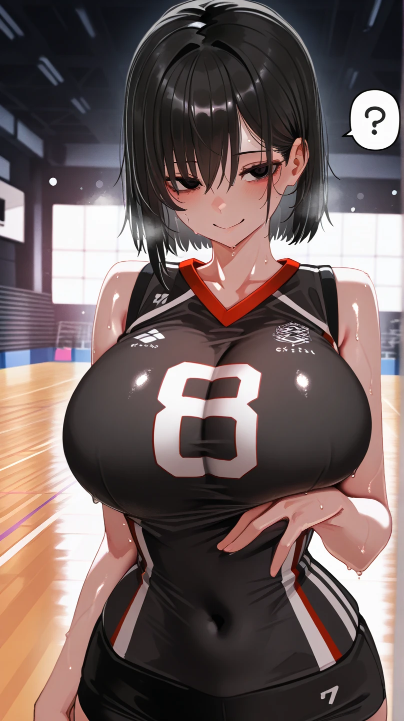 nsfw, masterpiece, extra limbs, 1 japanese house wife, age thirties woman 35 years old, light brown very short hair pubic hair, huge breasts large black areolas plump beautiful breasts,chubby body, (((smile))), wedding ring, leaning forward,volleyball ware