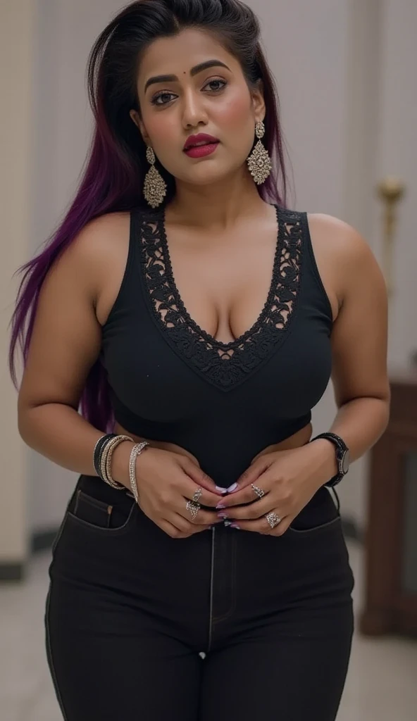 smile、100 smiles%、thick body type、chubby elegant indian woman (30 years old)。brown skin、(Highest image quality,4k,8k,high resolution,master piece:1.2),Ultra fine,(real,photorealistic:1. 37),HDR,Beautiful fine eyes,beautiful delicate lips,highly detailed eyes and face,long eyelashes,,attractive indian woman,,,30 years old,sultry expression,,thick physique,thin waist,Plump hips,curvy butt,Mischievous pose,captivating gaze,Confident expression、Attractive self-confidence、floral headband、exotic beauty、Provocative aura、natural beauty、charming smile、elegant postureatmosphere、beautiful woman女性秘書、business wear、Black blouse、black tight skirt、Fat body shape、Oversized bust、24 year old female model、long legs、highest quality、masterpiece、ultra high resolution、（realistic：1. 4), Raw photo, 1girl, Blonde hair, blue eyes, detailed eyes and face, dynamic lighting, darkness, deep shadow, low key,short hair, Silver hair color, highest quality, masterpiece, ultra high resolution, （realistic:1. 4), Raw photo, 1 girl, dynamic lighting, , deep shadow, low key, beautiful woman, charming smile, , elegant posture, , atmosphere,