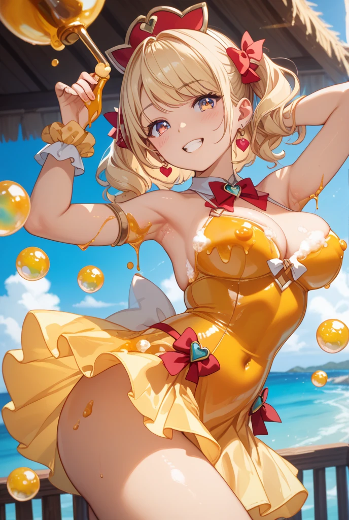 bremerton_\(Scorching hot_training)\_\(azur_lane)\, 1girll,big cleavage breasts, under boobs, sweat leggs, shirts lift, Rabbit ears,1girll, Huge breasts, Yellow Bikini, nabel, the sunset, Clouds, Thighs, thighs, mostly cloudy sky, Covered with, 鎖骨, orange skies, Skysky, 独奏, looking at viewert, upper legs,Rabbit ears, Yellow eyes, Yellow shorts, dress in yellow, thick thight, parted lip,, exposed bare shoulders, Yellow-haired, the ocean, short detailed hair, Abs, high legs, Yellow shirt, shorter pants, shorter pants, yellow hair ribbon, Yellow jacket, eventide, curving, exteriors, cparted lips, lip bite, a skirt, highlegpanties, standing on your feet, areola of breast, forehead, Areola Slip, stomach, cropped shoulders, view over city, Harnes, gradient sky, horizon, Black legs, mitts, Be red in the face, nip, cow boy shot, ssmile, dent in the skin, shades, orange sweater, a matural female, yellow gloves, Wide buttock, swim wears, at twilight, Fay from Cowboy Bibop's Valentine's Day,fey