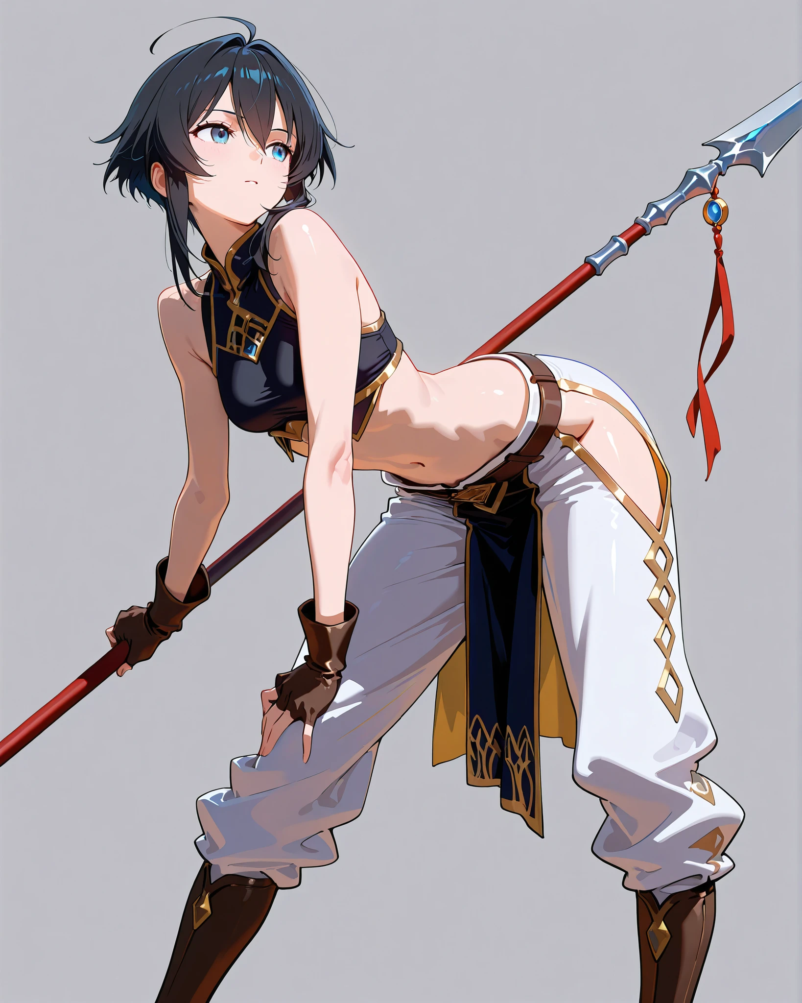 (masterpiece, best quality;1.3),extremely beautiful detailed anime face and eyes,extremely detailed illustrations, (Perfect Anatomy:1.3),1girl, solo, 18-year-old、(((Standing on one leg:1.5,standing split:1.5))),sweat,sweaty and wet clothes、Her wet white panties are visible.:1.2、camel toe,detailed skin, dark skin,oily skin,smaller head、ideal ratio body proportions,slender body,medium breast,cowboy shot, shy look、 nadia,short cut hair,dark purple hair,Lift the legs with your hands、sadamoto yoshiyuki,storehouse、Dim interior lighting、Academy、