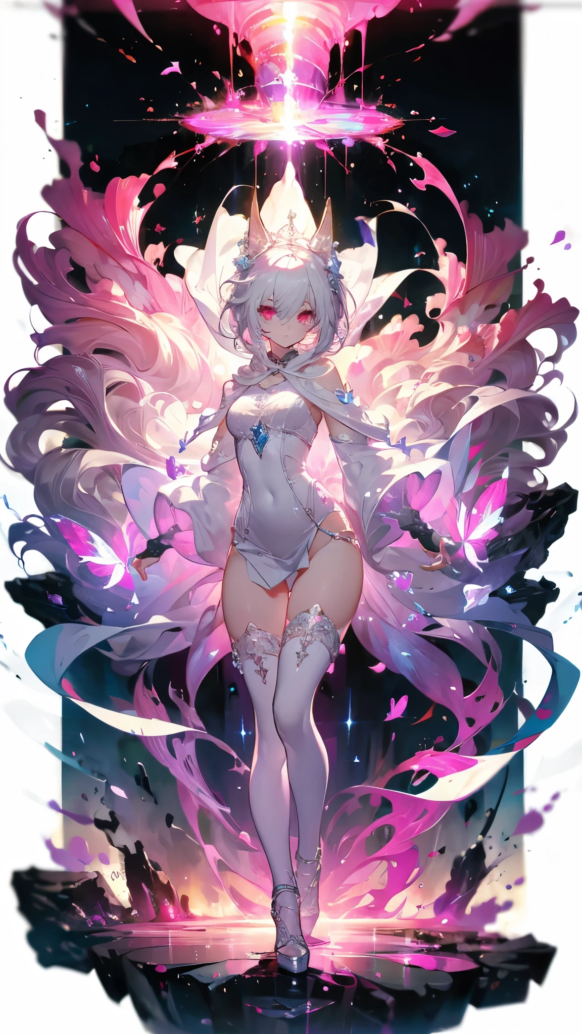a female colorful rainbow explosion of multi colored glowing lights, whimsical, perfect skin,long eyelashes,detailed eyes and lips,intricate details,dramatic lighting,vibrant colors,fantasy,digital art,cinematic,hyper detailed,photorealistic,masterpiece,8k,best quality, has fluffy fox ears, showing cleavage, has several fox tails, foxes in the backround, in a colorful galaxy, pastel coloring