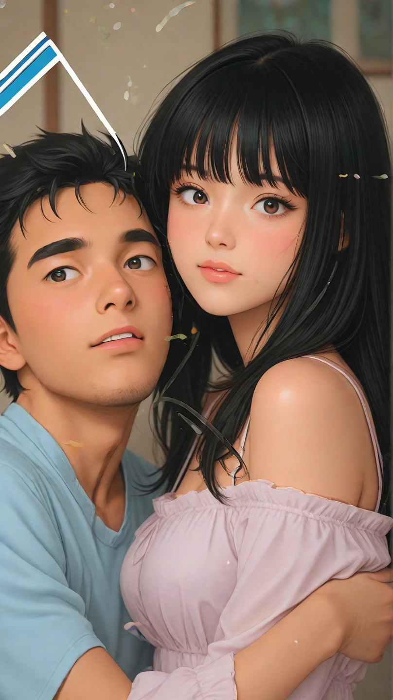 20-year-old boy and 18-year-old girl，Detailed face，Detailed eyes, double eyelid, cute, smile, sexy, almost kissing, in bed. Couple pose. Lovemaking. Black hair