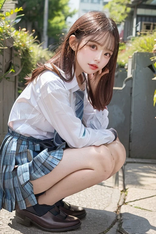 Masterpiece、8k、32k、top quality、(delicate eyes)、(a cute japanese woman、Bangs)、23 years old、1 girl in、elegant、(Detailed background depiction、Potrat:1.2)、(sailor shirt、plaid skirt)、(fallen leaves:1.1)、cowboy shooting、Smile、(zoom out:1.5)、thighs thighs thighs thighs