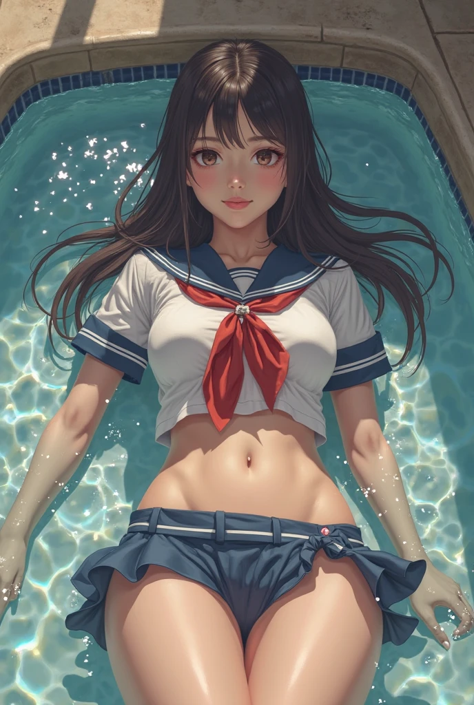 1 lady, HD quality, anime, solo full body shot, (sitting with hands back:1.5), (open legs to limit:1.5), (with one knee up:1.3), showing pubic area:, (under boob:1.6), Large breasts, (cleavage), smiling, (thin thighs:1.3), (Sailor uniform only for the upper body:1.5), (Crop Top sheer white shirt:1.5), (sleeveless:1.6), without brassiere, (sheer white tiny micro thong:1.8), poolside, (Green detailed eyes), blue sailor collar, red ribbon tie