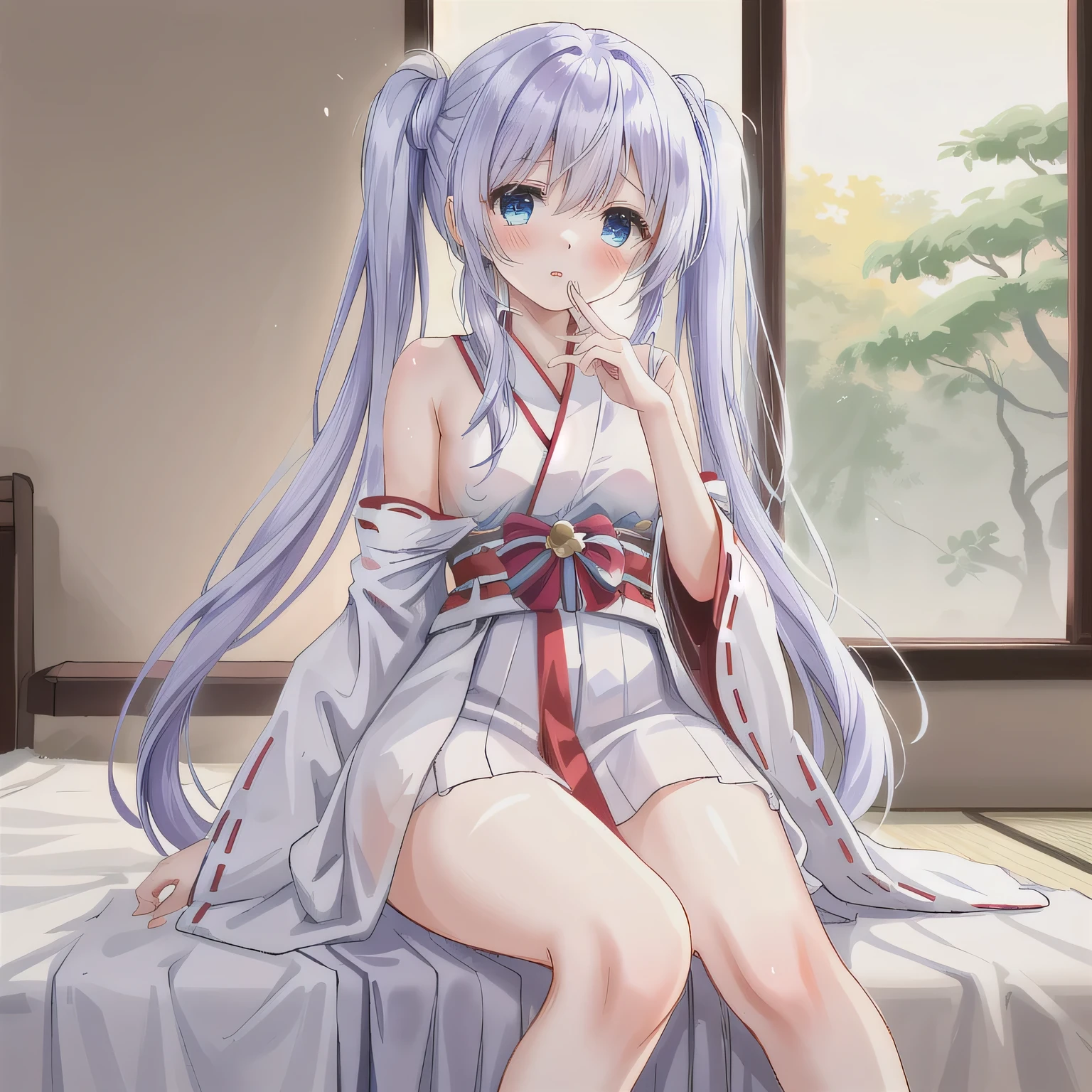 best quality, masterpiece, highres, solo, {kamisato_ayaka_genshin:1.15}, bangs, blue_eyes, long_hair, blunt_bangs, ribbon, hair_ribbon, ponytail, sidelocks, blue_hair, mole, mole_under_eye, blush, hair_ornament, breasts, smile, white_hair