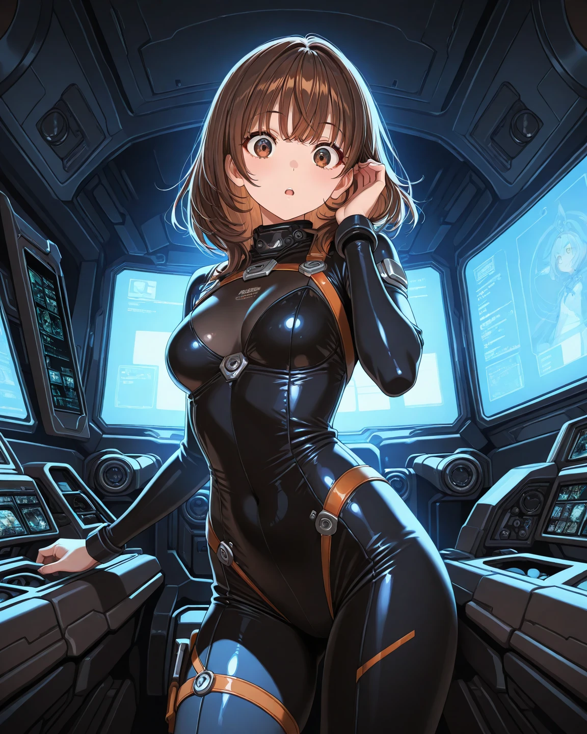 ((masterpiece, Highest quality, High resolution, 超High resolution, Pixel perfect, Written boundary depth, 4K, RTTX 10.0, High resolution))), 1 girl, single, alone, Beautiful Anime Girls, Beautiful art style, Anime characters, ((Shortcuts, bangs, Dark brown hair)), ((Green Eyes:1.4, Round eyes, Beautiful eyelashes, current eyes)), ((Smooth texture:0.75, Anime CG style)), Medium chest, ((Dynamic Angle, close)), Perfect body, (pretty girl), Beautiful girl with headphones, Sci-fi action set on Mars in the 2500s, A shiny black bodysuit, Complex patterns that emit light, smile, Background々It is a mechanical device that emits light of various colors., whole body, Dynamic Angle,