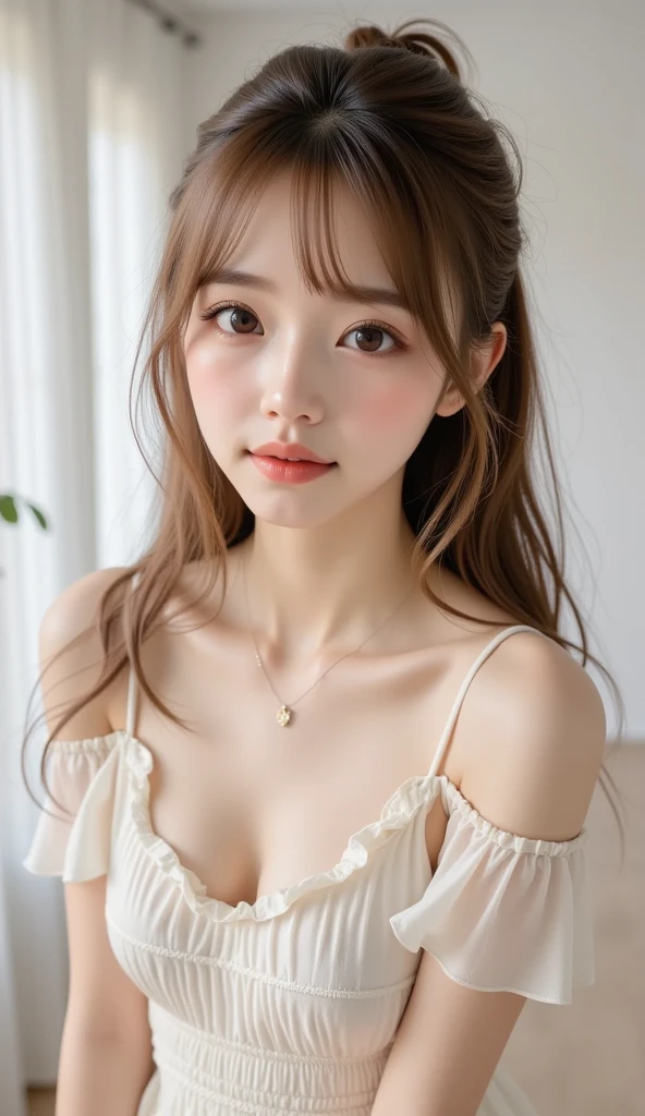 very small flat chest:1.2、(Showing small breasts:1.3)、Wearing makeup:1.3、Close-up of face:1.4、(((looking at the camera:1.4)))、{{masterpiece}}, {{highest quality}}, {{Very detailed}}, {{Small breasts}}, Cinematic Lighting,Beautiful and delicate shine, Dynamic Angle, Depth of written border, Light_leak, wonderful, Fine details, 4K, 8k,Japanese Idols, Brown hair short cut:1.3、, The background is a single grey color:1.3、, Dreamy look, Bright and warm tones, {Sexy pose}, (Large Breasts:1.5), (Slim Body:1.5),