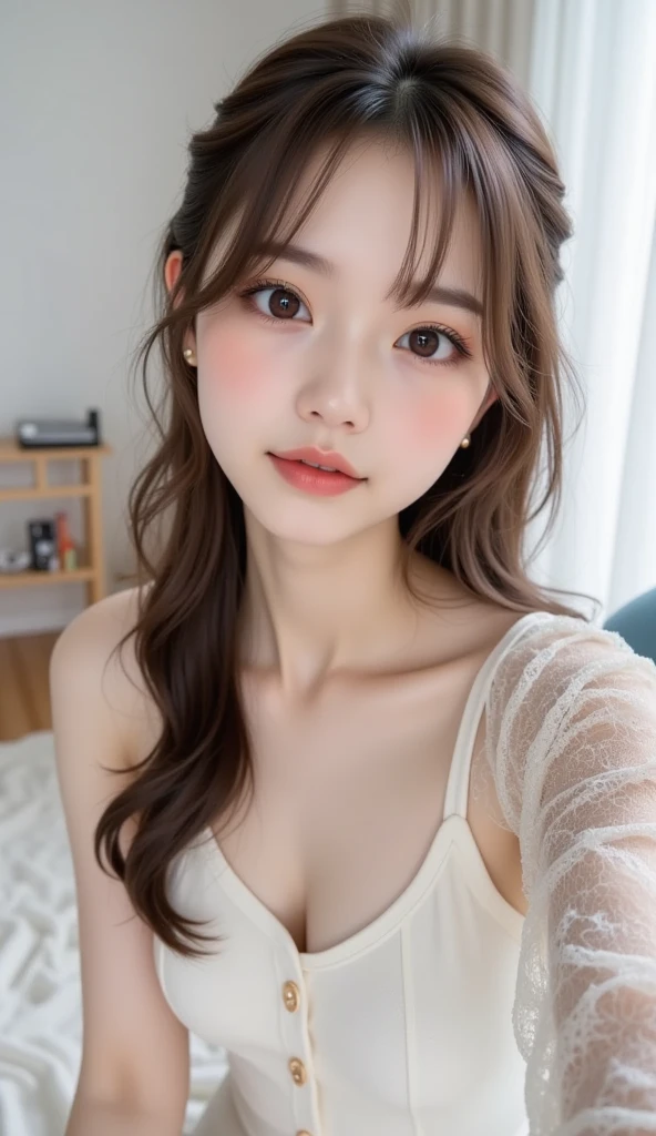 In detail, High resolution, high quality、Perfect dynamic composition, Beautiful fine details,ponytail,Natural color lip,Kamimei、20-year-old girl、1 person、Clear Skin、Shiny Hair、Tabletop, 最high quality, figure, Super detailed, In detail, High resolution, 8k、The correct state of the human body、Random pose、Sculpture model pose,Hair dancing in the wind、underwear,Hair length,big ,Huge cleavage, pink lace underwear,Bold sexy pose,huge 、Close-up of face、Positive