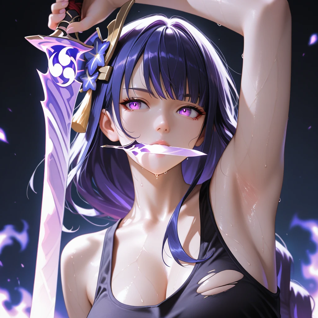 master-piece, hyper quality, hyper detailed, perfect drawing, CG, 3D, 8k, illustration, solo, beauty, purple-haired ponytail, ((only one horn grows from the middle of the forehead))), height 190cm, bountiful breasts, L cup bust 108cm, ((purple leather pantsuit))), (( The upper body is naked and wears only a jacket with only one button)), ((no bra))), skinny pants (low-rise pants), (holding an ultra super big sword in his hand: 1.5), cute smile, round big buttocks, cleavage, fluffy chest, isekai fantasy, townscape similar to medieval Europe, cobblestones, castle on a distant mountain, beautiful background, natural light, high-resolution, shooting from the front obliquely below, professional camera,