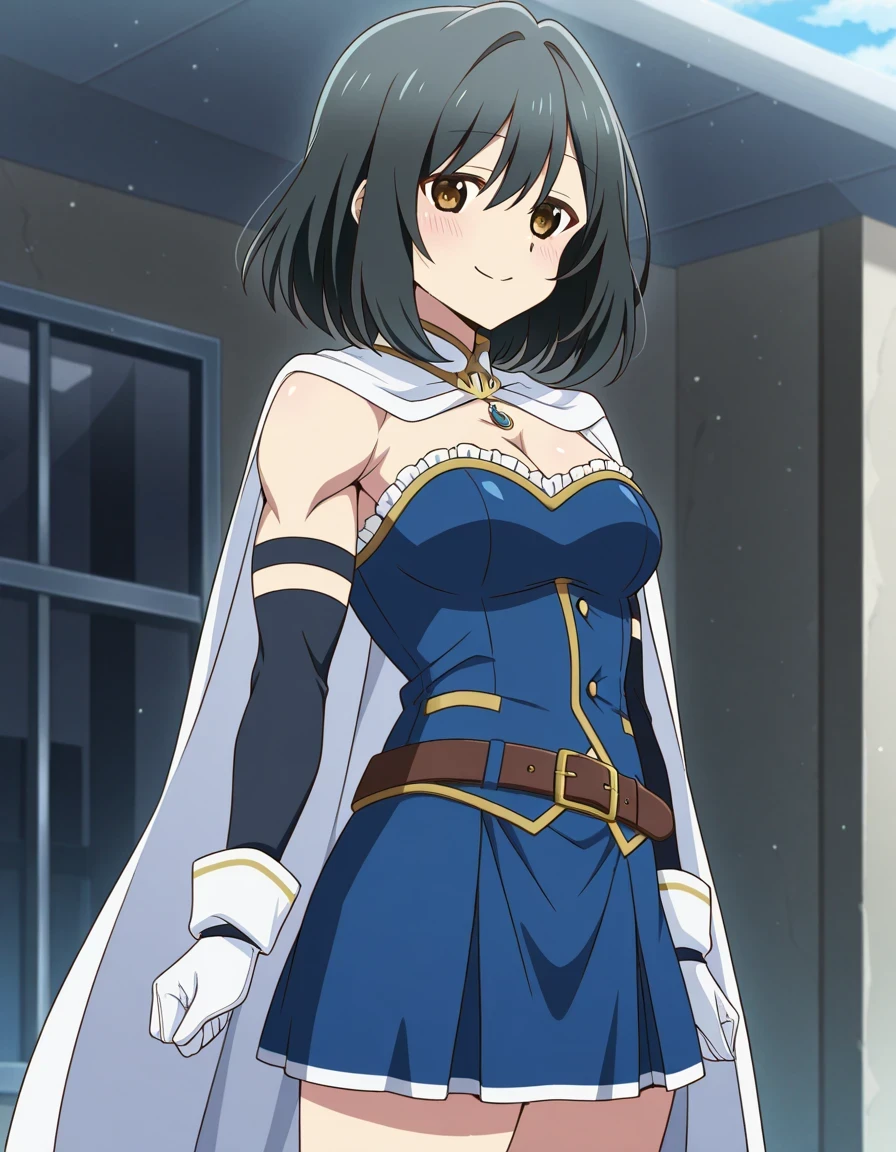 傑作、Best quality、Best image quality、Best resolution、anime coloring、anime screencap、amazing quality、1man、ichika orimura、、ichika orimura、solo、black hair、short hair、brown eyes、、miki sayaka cosplay、miki sayaka (cosplay)、crossdressing、belt、black sleeves、blue skirt、white cape、biceps、biceps short head、biceps long head、triceps、triceps medial head、triceps lateral head、triceps long head、brachioradialis、deltoids、anterior deltoids、middle deltoids、posterior deltoids、cosplay、white gloves、gem、sleeveless dress、 streets、outdoors、smile、blush、 male focus、cowboy shot、looking at viewer、dutch angle、