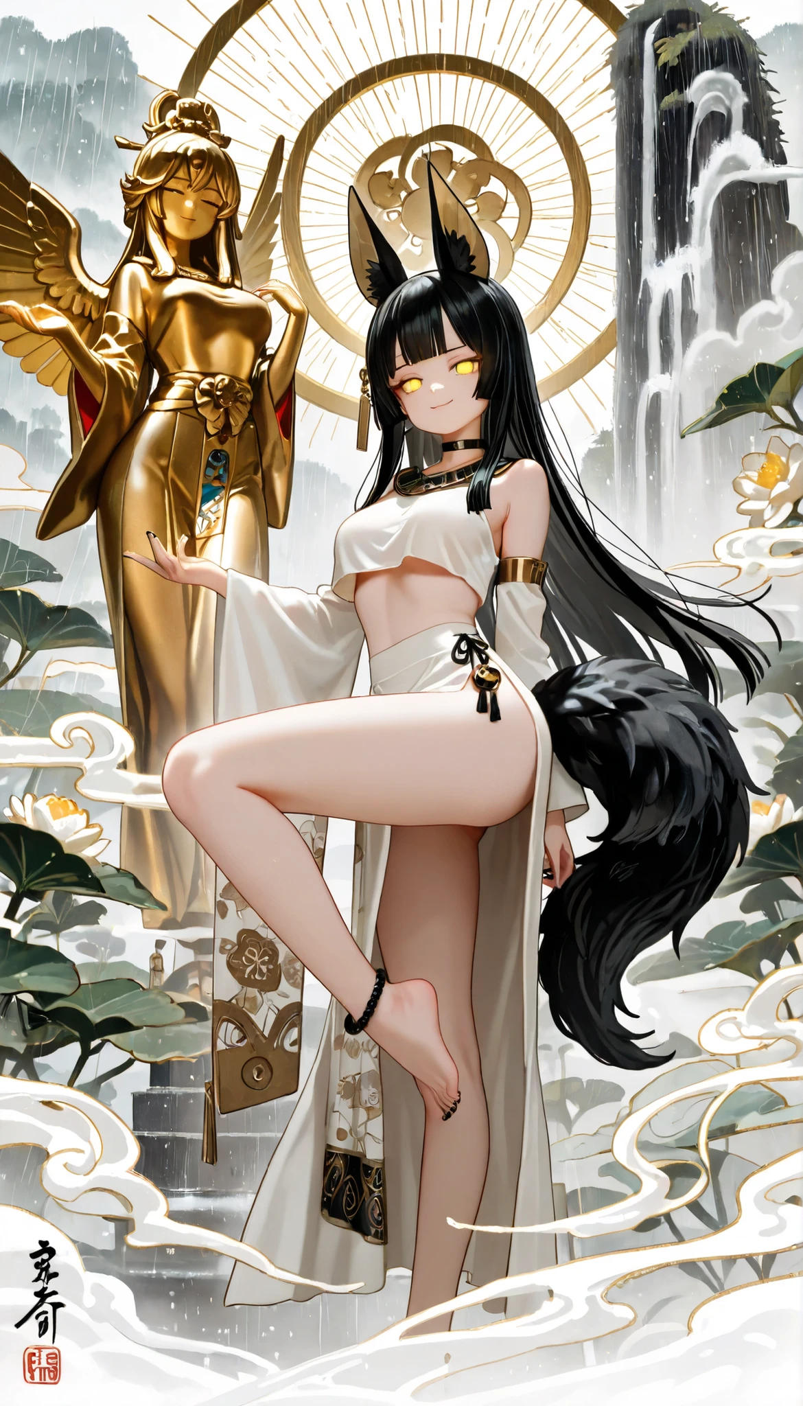 1girl, yellow eyes, jitome, black long stright hair, long bob hair, straight bangs, medium Breast, white clothes, jackal tail, cropped top, white fur, white anubis girl, slit skirt, flower pattern, Choker, bare legs, foot, black nail polish, slender body, tall girl, masterpiece, best quality, Perfect details, perfect composition, Perfect face, Perfect hand, absurdres, newest, very aesthetic, amazing quality, highres, film grain, Cinematic, Magnificent, doremi, hwansang, mx2j, Oriental clothe, side slit long skirt, hairpin, jade decoration, jk, key ring, thick outline, flower pattern, kiseru, smoke, white theme, blue woods, white woods, soft smile, taoist, glow eyes, Confident, transcendence, gold decoration, white energy, mixture of Egyptian and Taoist decorations, grand master, Tai Chi, outside background, ukiyo-e, silk, oriental ink painting, Yin and Yang, sensual, Golden statue, jade statue, white ink, oriental Waterfall, dynamic pose, Acrobatics, smug face, rain,