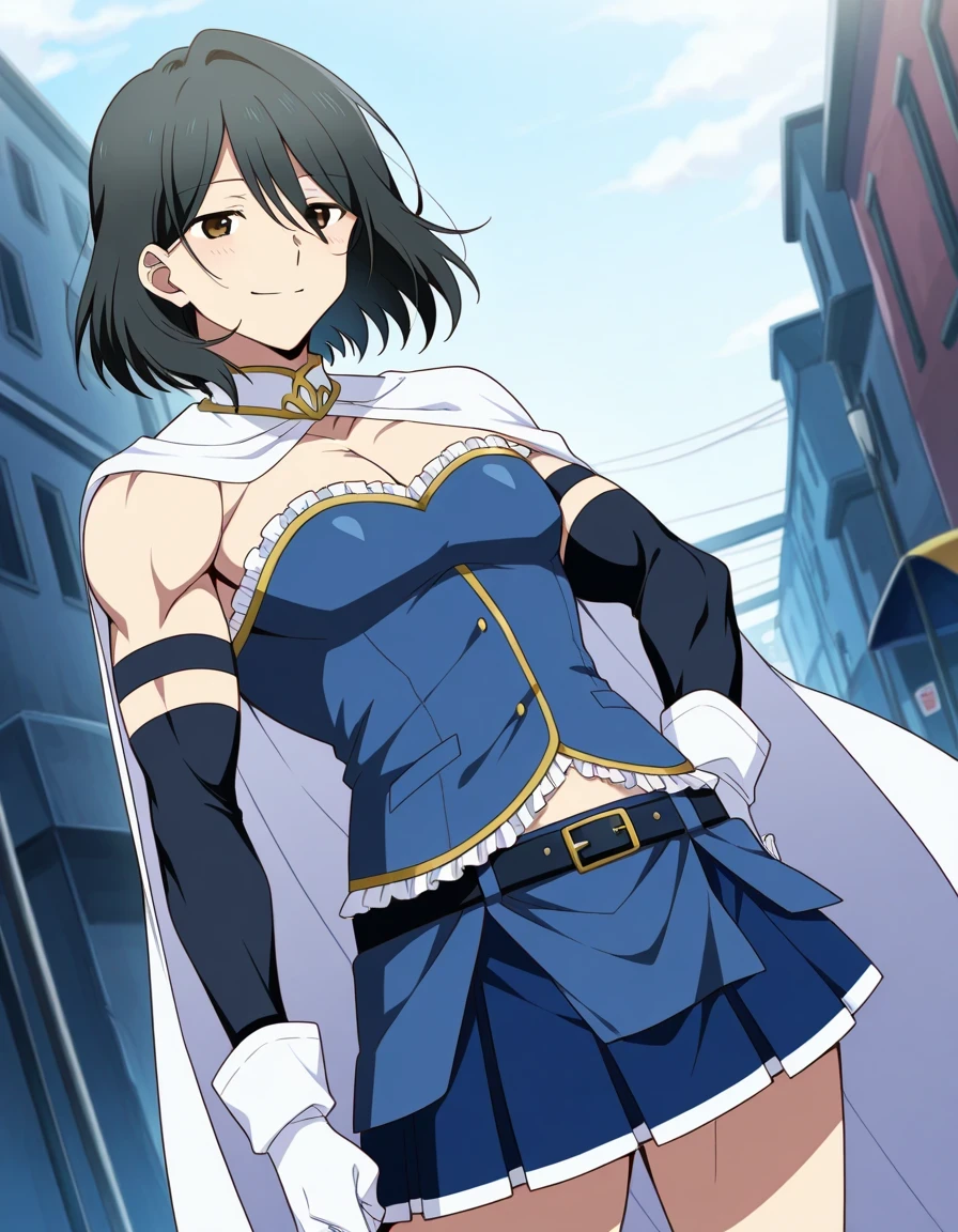 傑作、Best quality、Best image quality、Best resolution、anime coloring、anime screencap、amazing quality、1man、ichika orimura、、ichika orimura、solo、black hair、short hair、brown eyes、、miki sayaka cosplay、miki sayaka (cosplay)、crossdressing、belt、black sleeves、blue skirt、white cape、biceps、biceps short head、biceps long head、triceps、triceps medial head、triceps lateral head、triceps long head、brachioradialis、deltoids、anterior deltoids、middle deltoids、posterior deltoids、pectoralis major、cosplay、white gloves、gem、sleeveless dress、 streets、outdoors、smile、blush、 male focus、cowboy shot、looking at viewer、dutch angle、
