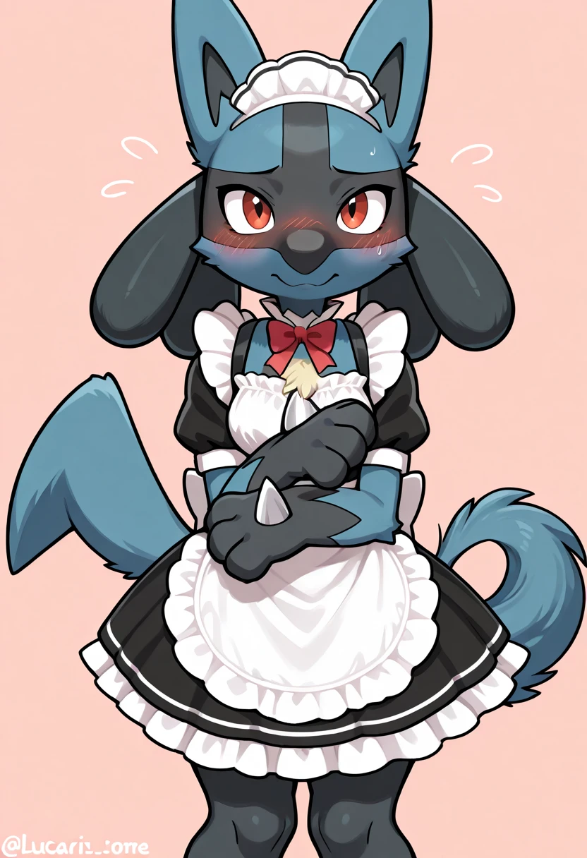 score_9, score_8_up, BREAK, source_anime, (1girl, solo), uncensored, perfect body, slim, thigh highs, fingerless gloves, anthro, furry, (Maid Outfit, sitting:1.2), Riolu