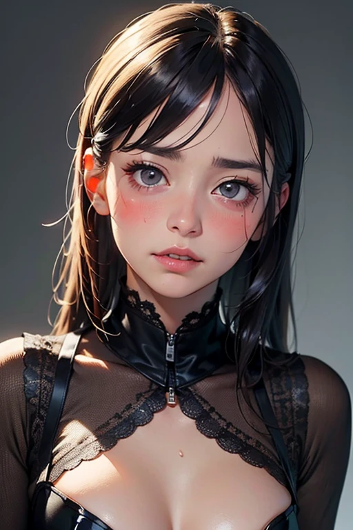 Kaori, Single model, solo, half Asian, half Latino, very long straight black hair, high ponytail, freckles, blushing, wet eyes, long chain pendant, very large heavy breasts, chubby, belly, stretchmarks, (best quality,4k,8k,highres,masterpiece:1.2),ultra-detailed,(realistic,photorealistic,photo-realistic:1.37),detailed portrait, cinematic lighting, natural skin texture, intricate details, dramatic colors, moody atmosphere, heavy eye shadow, mascara, playsuit