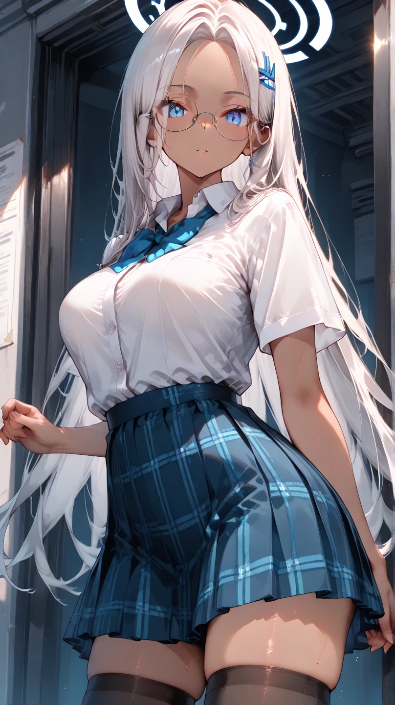 (High quality, High resolution, Fine details), Outdoor, Standing, taking off clothes, BREAK Light blue long-sleeved shirt, BREAK Long white skirt, solo, curvy adult women, sparkling eyes, (Detailed eyes:1.2), smile, blush, Sweat, Oily skin, Soft tones, shallow depth of field