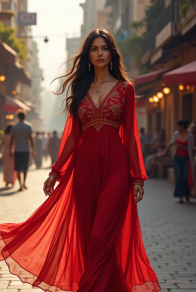 Beautiful gypsy; long black hair; wearing a red and gold dress; barefoot; laughing; night street scenery in the background
