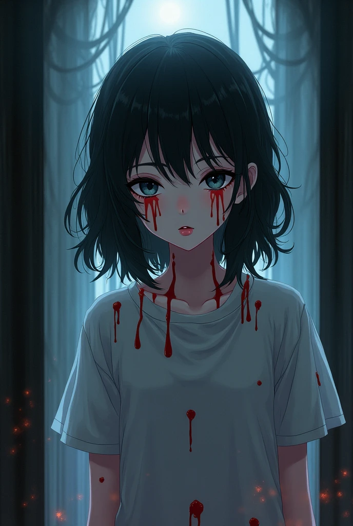 1girl, solo, thoughtful, thinking, heaviness, hard choice, abstraction, emotions, torment, guilt, closer view, looking at viewer, blood, knife,pupils, ((red and black colors)), ((red and black palette)), (((noir))), (((noir style)), sitting, crying in corner, sad face, corner of wall background, crying, wearing school uniform, reaching out, reading script, ((dark setting)), ((night time))