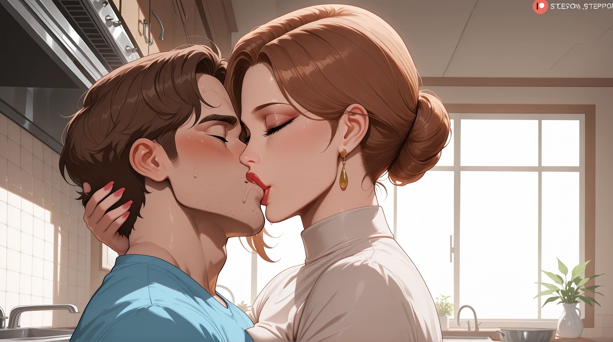 makes a photorealistic of a father of Tarzan's character hugging  and kissing a woman, the affection of a father who has long been separated from his girlfriend, the hug of affection that has been hidden for a long time between man and woman.
