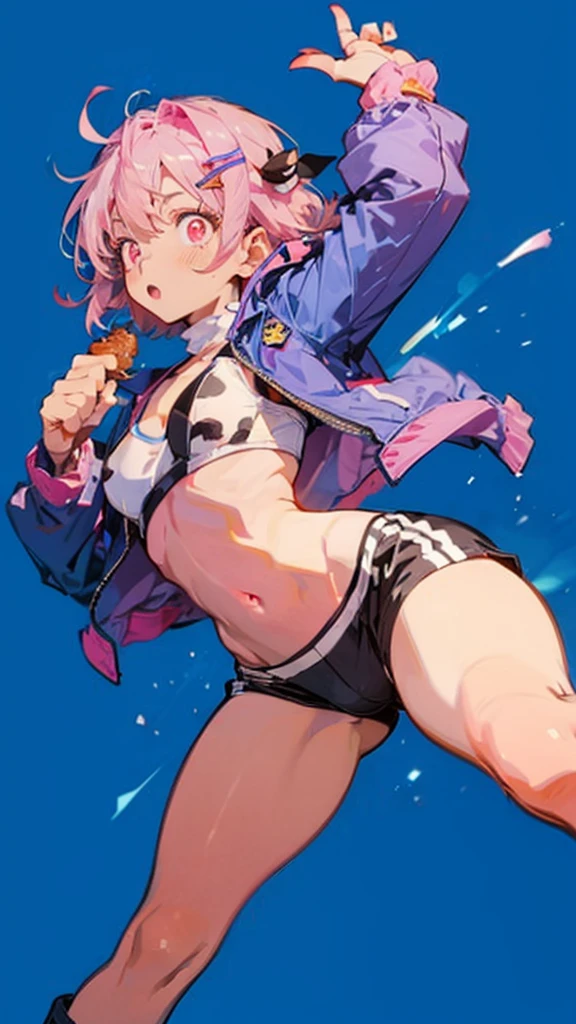 Best Quality, detailed girl, Glaring,Serious face,Fighter,Small breasts,pointed breast,Pink braided short hair,old glasses, (Volleyball uniform), lift bra,((((No bra)))),Show off your spats, Lift Jewelry,(Long spatromgym,Perfect Anatomy,Perfect hands,(Shiny skin),View from below,, six pack abs, muscle arms, muscular, tomboy