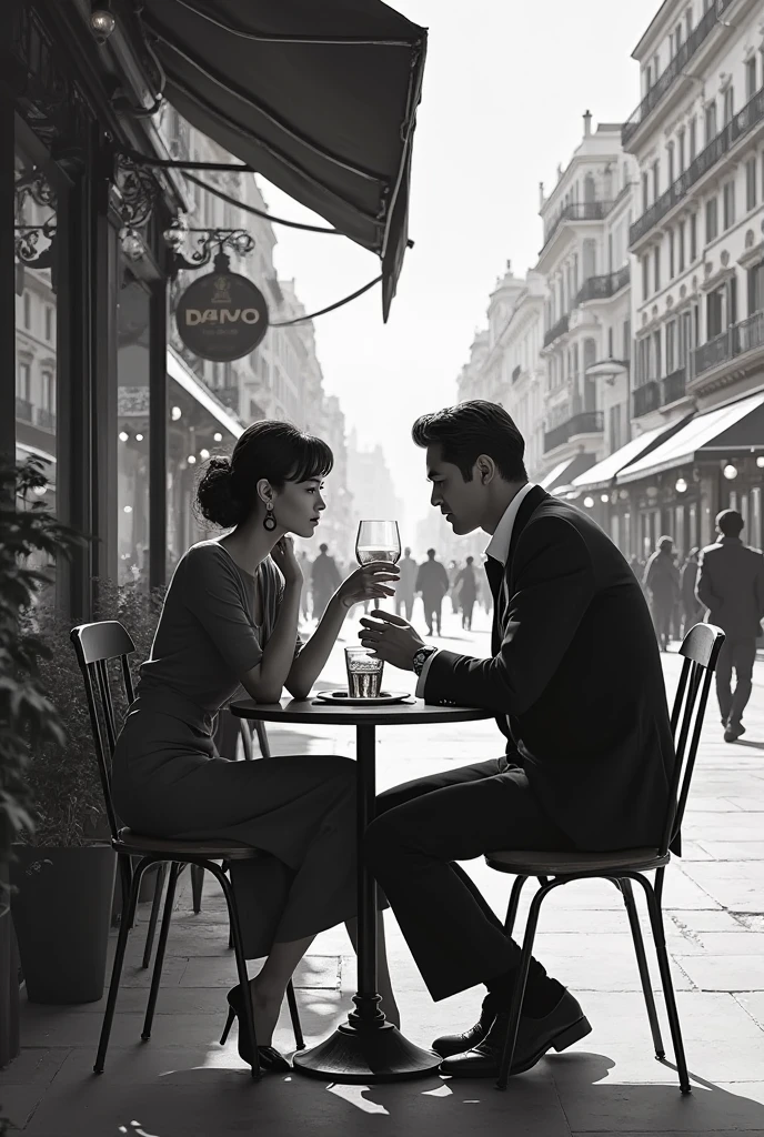 An adult man, sitting in a chair in front of an Italian restaurant, with a woman, short hair, both looking at each other, made in black and white sketch