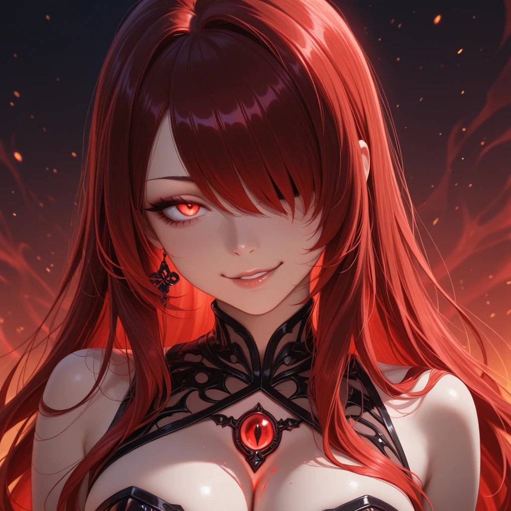 ((((Obra maestra, La mejor calidad, ultrahigh resolution)))), 1girl, standing,), ((long pure red hair, hair over eye)), long hair cut, shiny skin, ((golden eyes)), glowing_eyes, neon eyes, (ultra detailed eyes:0.7, beautiful and detailed face, detailed eyes:0.9), ((centered)), smirk, facing viewer, ((vibrant background, dark lighting, summer, sunlight)), large chested, looking at viewer, ((half closed eyes)), ((perfect hands)), (((head:1, arms, hips in view, elbows, in view))), ((hands behind back)), empty eyes, beautiful lighting, ((outside, outdoors)), defined subject, head tilt, (((gritty)), ((creepy)), ((cool)), ((beautiful)), (((SFW))), horns, hair ornament, petals in the air, moon in the sky, city, mature woman, adult woman, sfw, black dress, latex dress