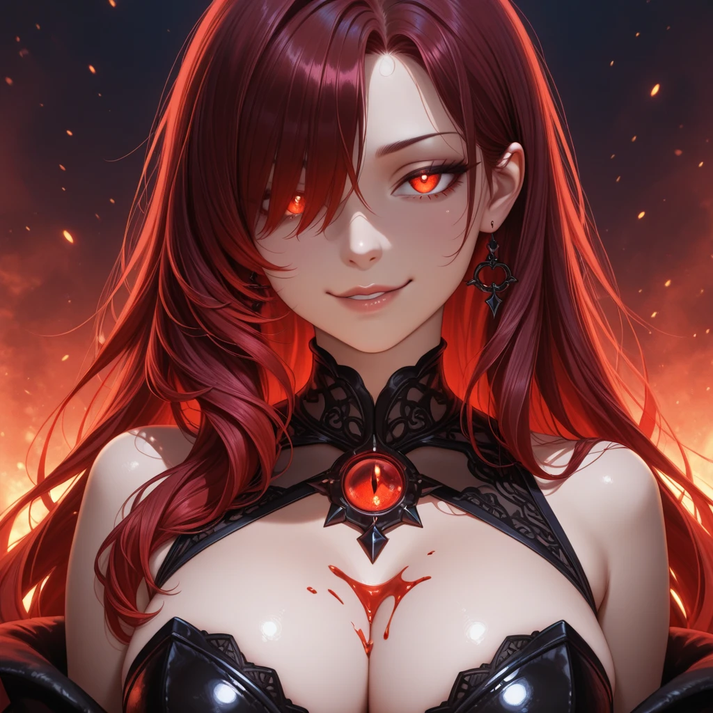 ((relaxed pose floating around)) ((evil smile)) ((tan skin)) (()) (()) ((the most beautiful hellish succubi from the underworld)) ((yellow eyes)), ((dark eyeshadows make up)) ((red lips)) ((very long straight redhead hair with bangs))((big breast:1.5)) ((slender body:1.3)) ((wears a strapless corset, tiny string thong bottom)) ((neck jewerly, earrings)) ((cape, gloves, stocking)) ((long devil horns, devil tail))((glowing fire sparks particles floating around))((inside darkest dungeon)), ((high definition:1.5), ((masterpiece:1.5))((8k:1.5)) ((Best quality:1.4)), more_details:-1, more_details:0, more_details:0.5, more_details:1, more_details:1.5, more prism, vibrant color,more prism, vibrant color,