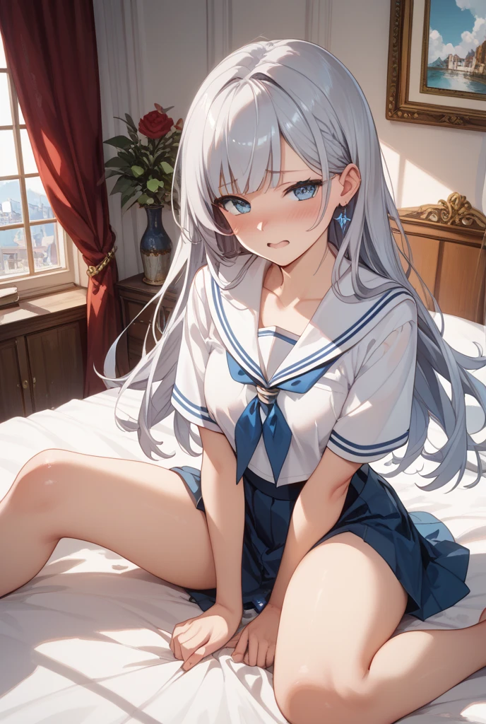 wet, loli, solo, dynamic angle, smile, green eyes, long hair, silver hair, , blunt bangs, (curves), thighs, beautiful and delicate girl, extremely detailed eyes and face, beautiful delicate eyes, detailed light, cinematic lighting, lens flare, light leak, sunlight, shine, beautiful detail light, ridiculous, incredibly ridiculous, huge file size, super detailed, super detailed, super detailed, high resolution, very detailed, plaid skirt, twntails, , leather shoes, , necklace, headband, earrings , best quality, masterpiece, illustrations, extremely delicate beauty, very detailed, CG, solidarity, 8k wallpaper, amazing, fine detail, masterpiece, best quality, official art, extremely detailed CG Unity 8k wallpaper, (sailor shirt)), (pantyhose), ((sitting)), , bed, detailed clothes, slim legs, looking at the audience, smile, best quality, masterpiece, 1 girl, sole, high resolution, original, extremely detailed 8K wallpaper, An extremely delicate beautiful girl with beautiful and delicate eyes, (14 years old)